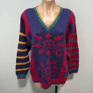 J. F. Adams Vintage Sweater Stripe Flower Unique Primary Colors Teacher Artist